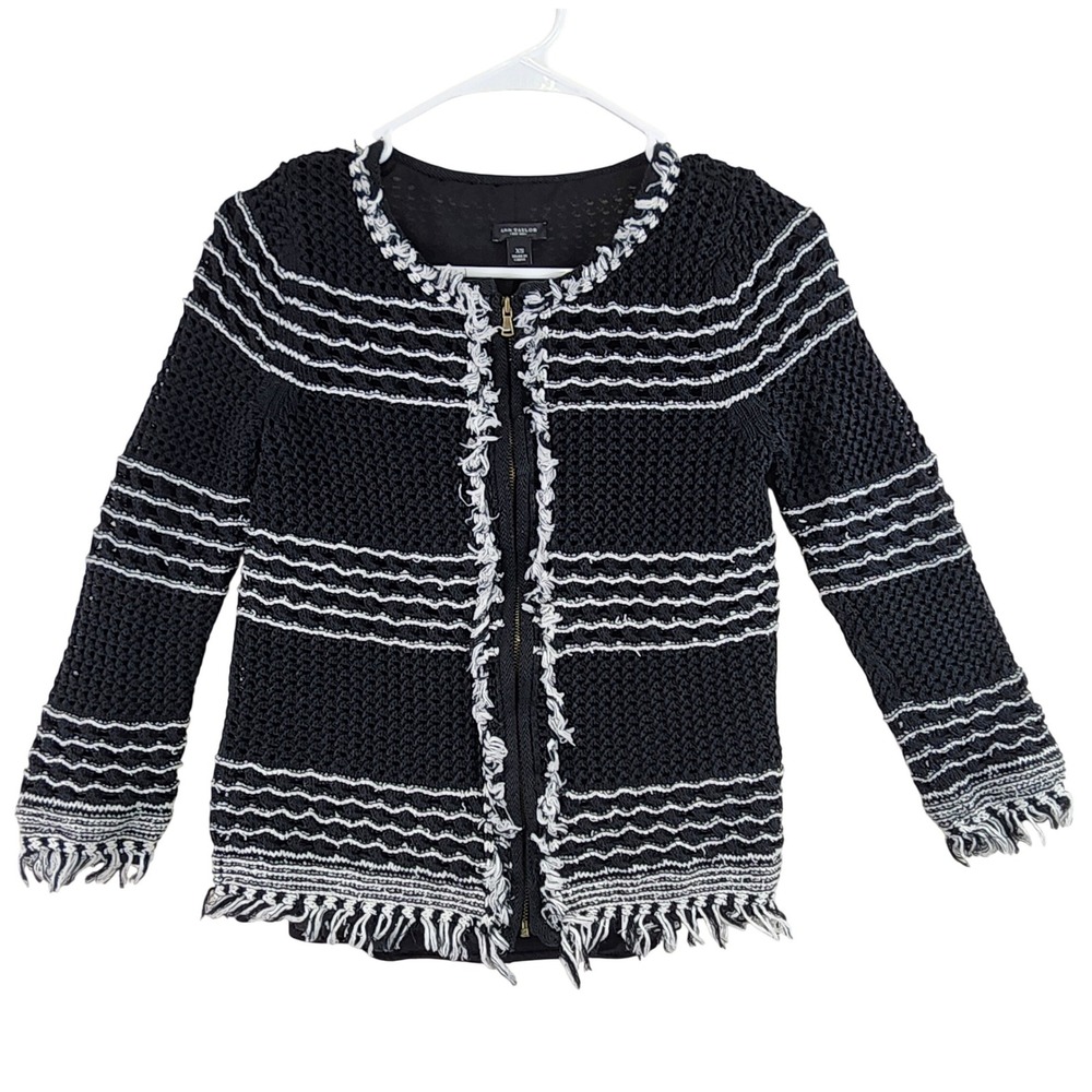 Ann Taylor Striped Fringe Zip Front Crochet Knit Cardigan Womens XS Black White